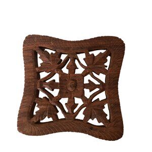 Hand Carved Wooden Trivet Footed Intricate Leaf Design Marked India 4x4